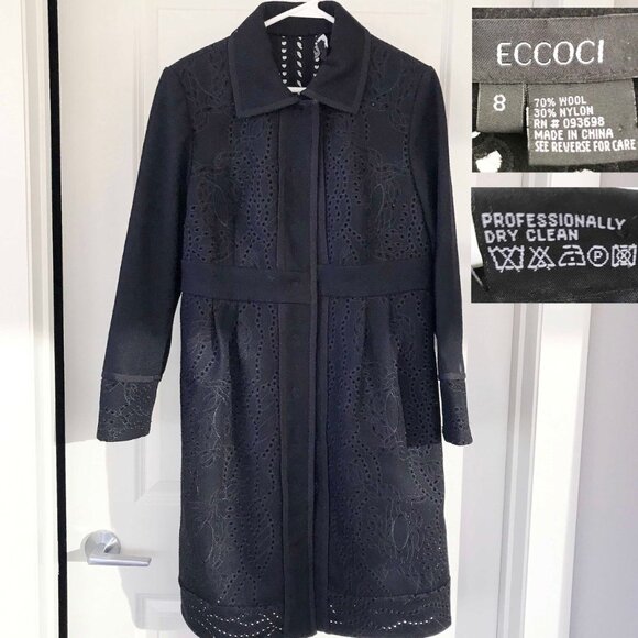 Floral Carved Wool Blend Maxi Coat: Black Punched Hole Jacket, Size M - Picture 4 of 8